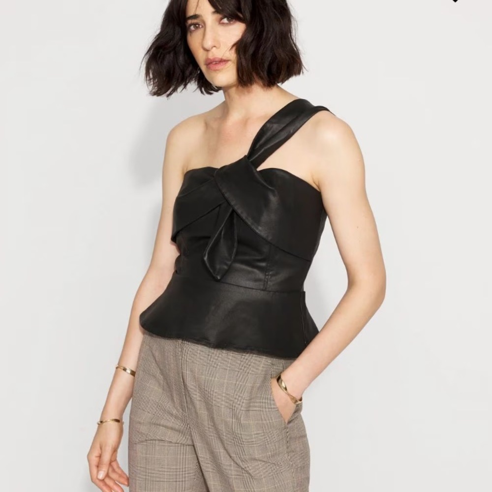 White House Black Market One-Shoulder Faux Leather Peplum Top